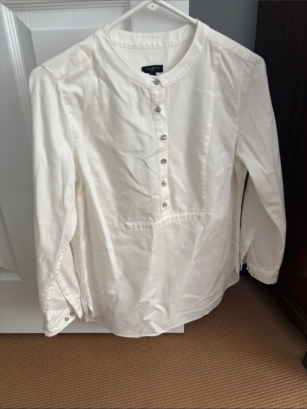 Talbots Cream Button-Front Long Sleeve Shirt with Silver Buttons